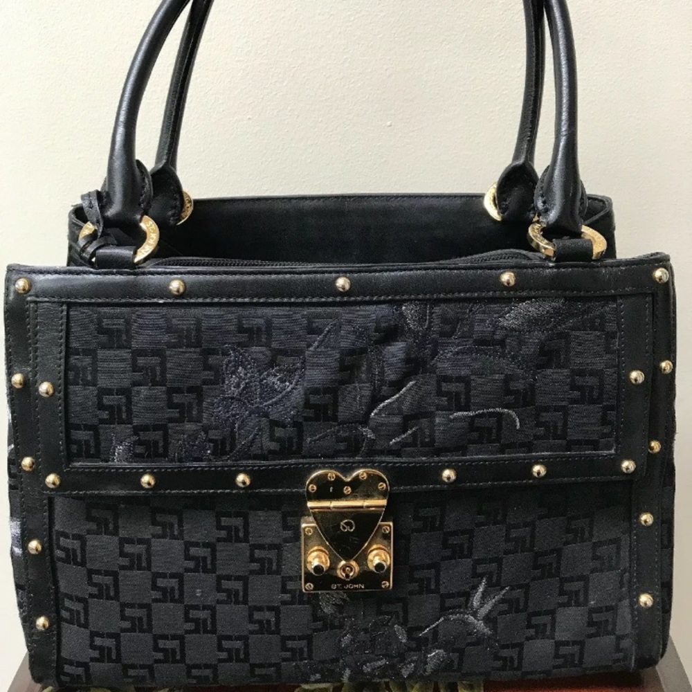 St. John black nylon and leather handbag
